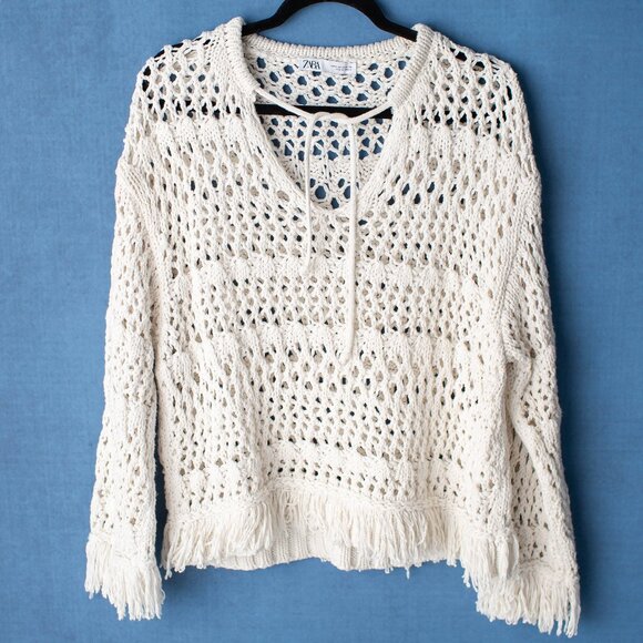ZARA Women’s Crochet Knit Fringe Sweater Medium Cream Boho Beach Pullover - Picture 1 of 6